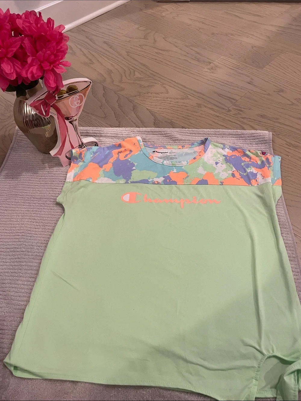 Champion Mint Green Tee with Multicolor Yoke & Royal Blue Shorts